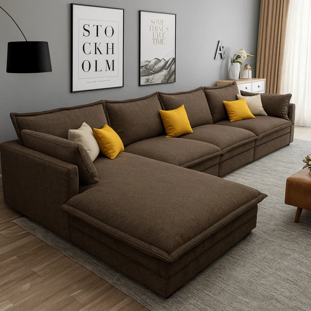 Sofa L Shape - Beech Wood - Linen Fabric - Brown - 300x200x85X75 cm - Cataloug