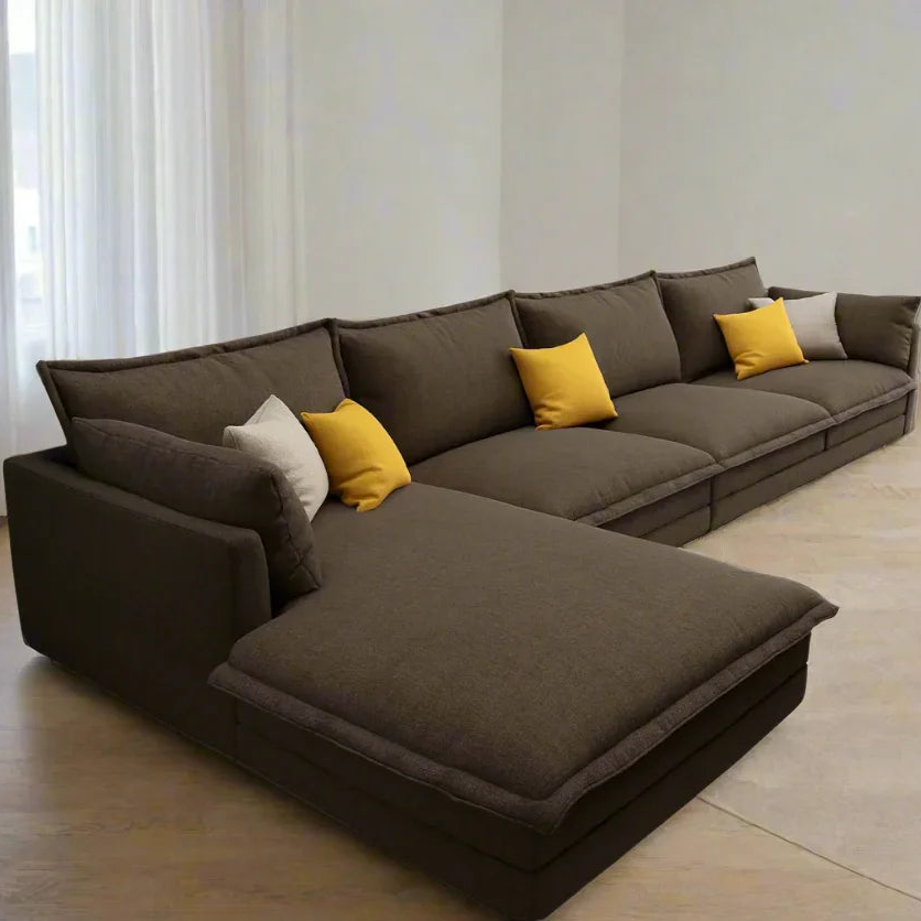 Sofa L Shape - Beech Wood - Linen Fabric - Brown - 300x200x85X75 cm - Cataloug
