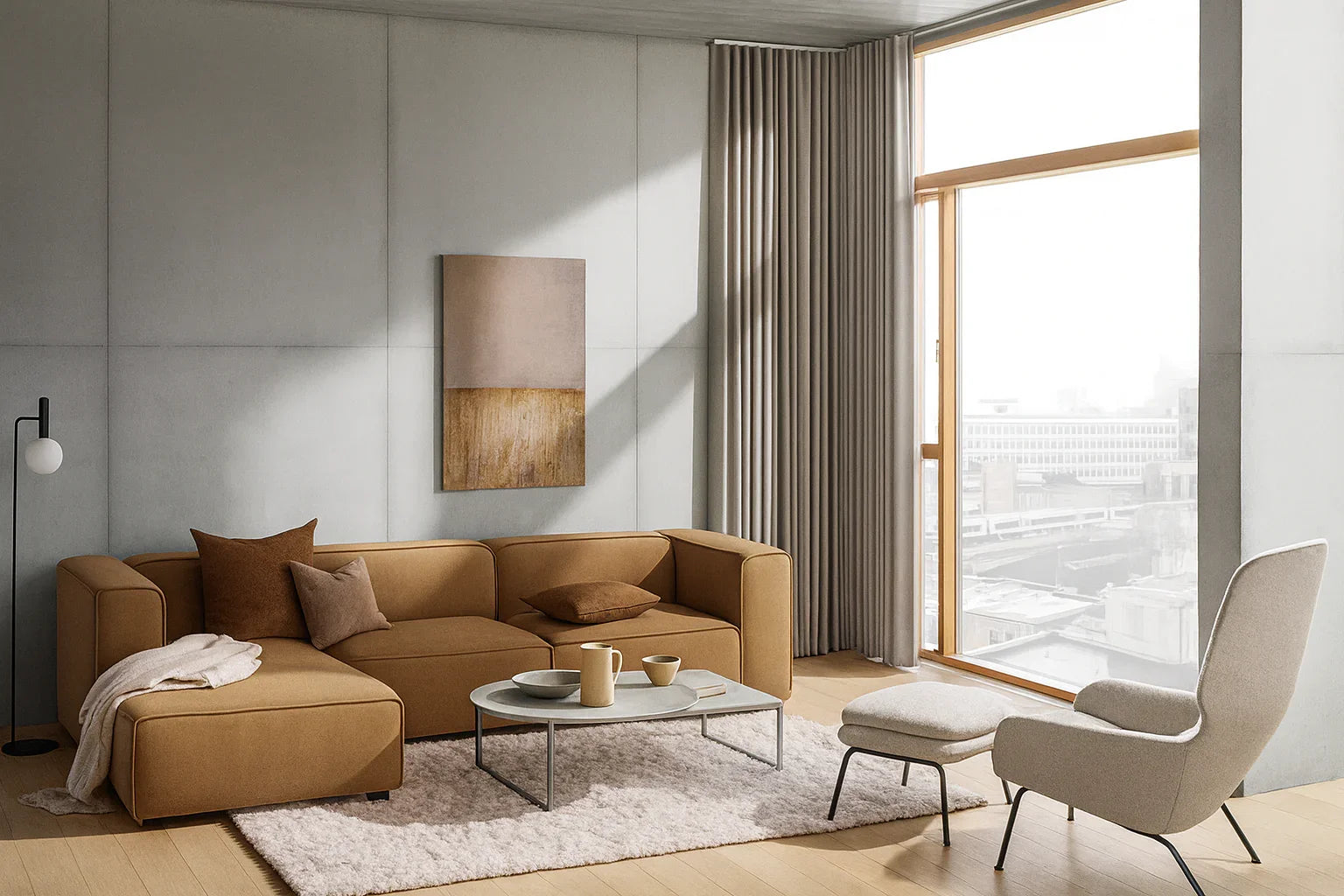 Sofa L Shape - Beech Wood - Linen Fabric - Brown - 280x180x90 cm - Cataloug