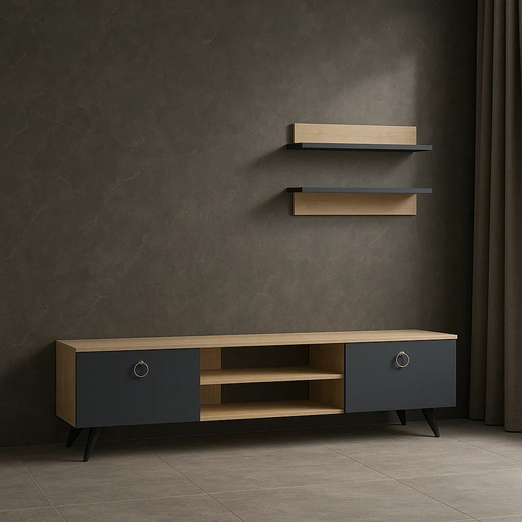 TV table - MDF wood - Beige & grey - 150x35x45 cm - Cataloug
