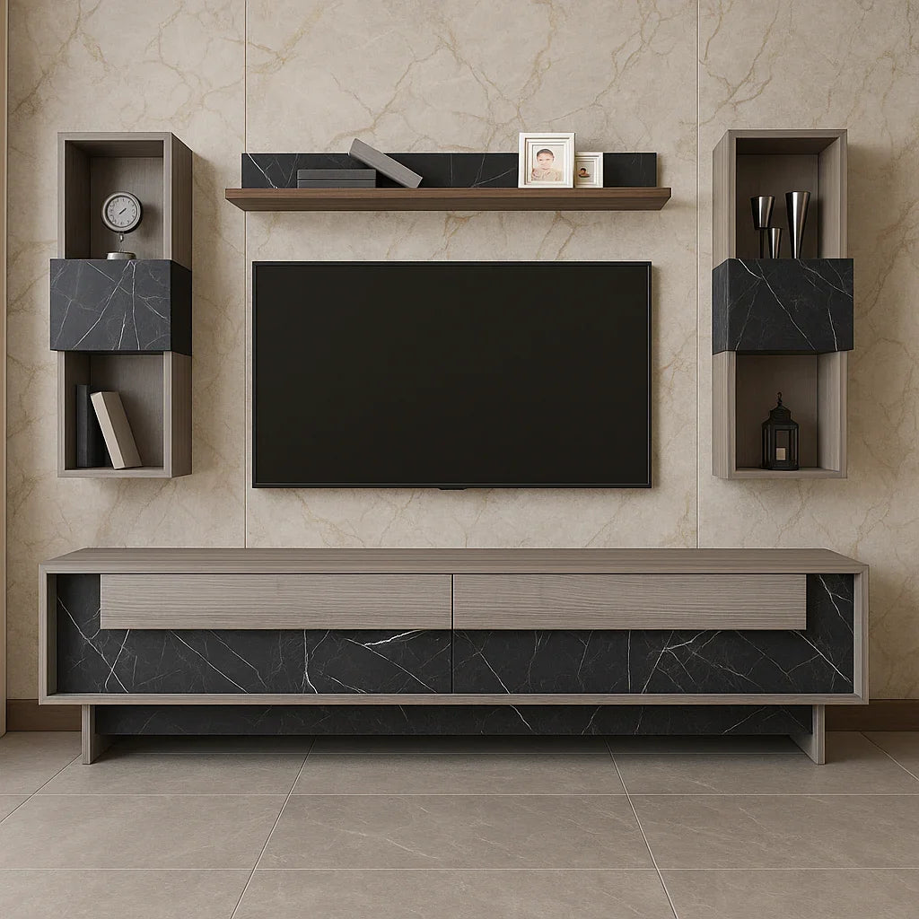 TV table - MDF wood - Beige & grey - 180x35x40 cm - Cataloug