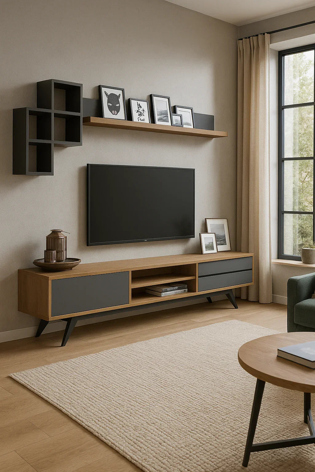 TV table - MDF wood - Beige & grey - 160x35x45 cm - Cataloug