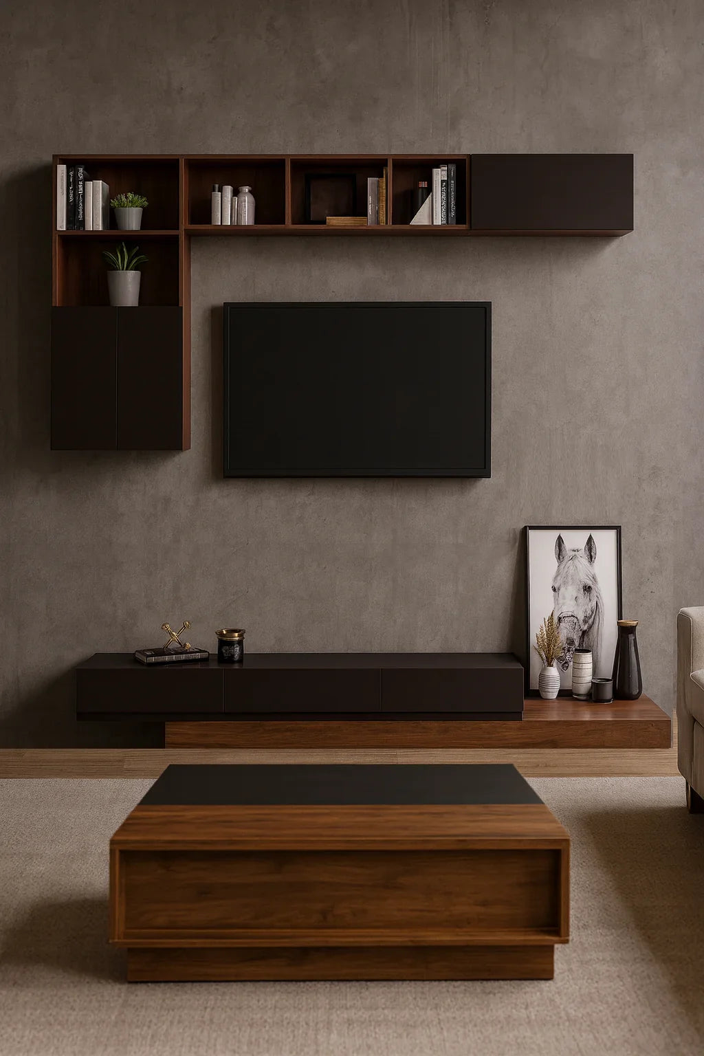 Bundle of TV Table and Coffee Table - MDF wood - Brown & Black - Cataloug