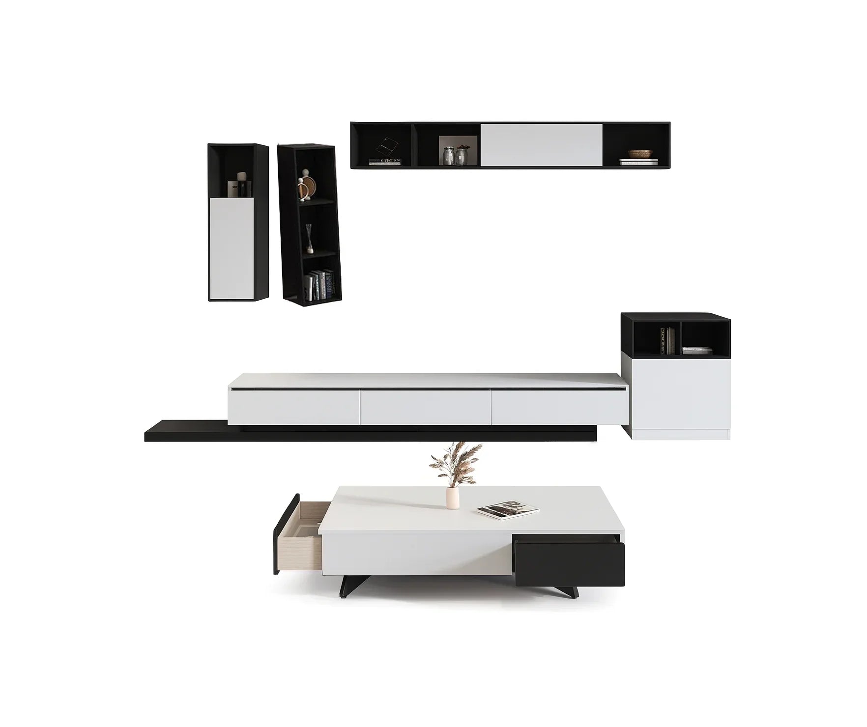 Bundle of TV Table and Coffee Table - MDF wood - White & Black - Cataloug