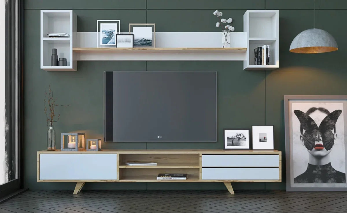 TV table - MDF wood - Beige & White - 160x35x40 cm - Cataloug