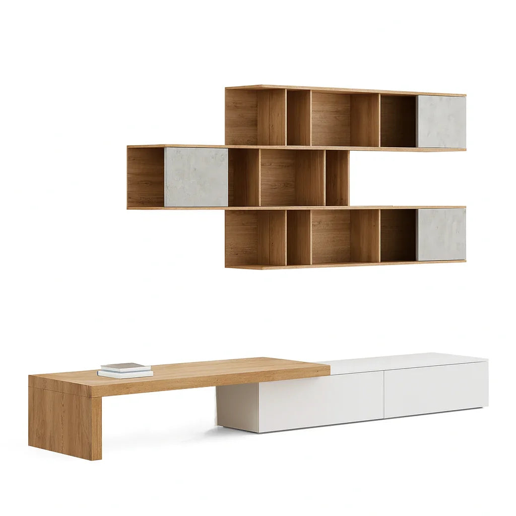 TV table - MDF wood - Beige & White - 200x35x35 cm - Cataloug
