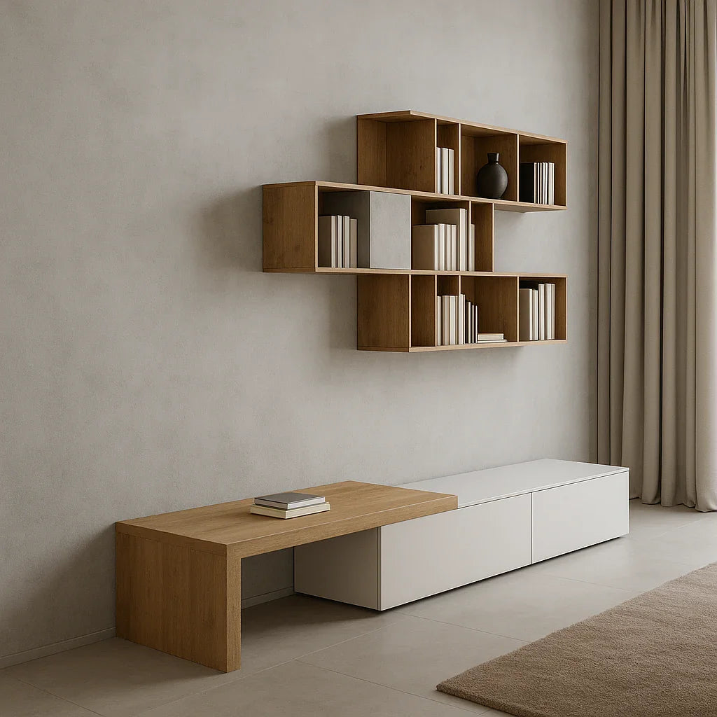 TV table - MDF wood - Beige & White - 200x35x35 cm - Cataloug