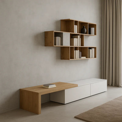 TV table - MDF wood - Beige & White - 200x35x35 cm - Cataloug