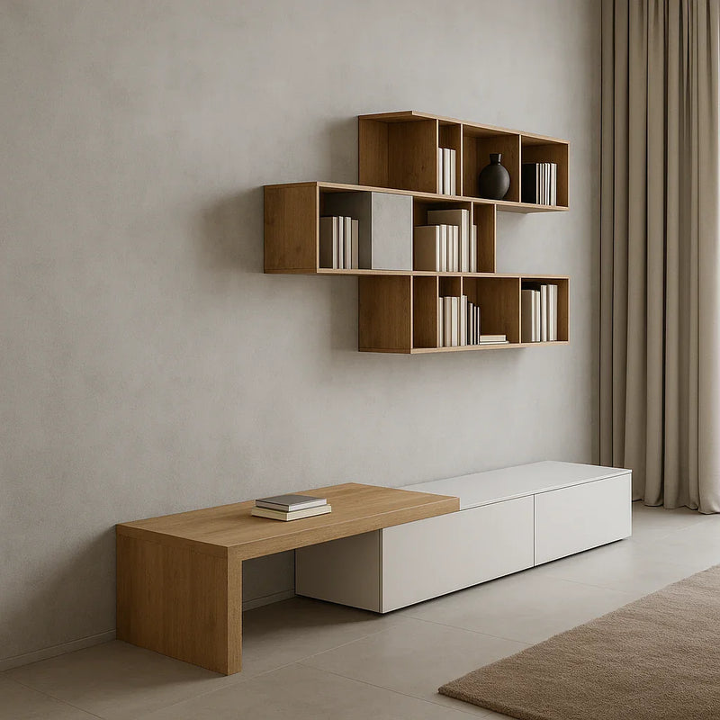 TV table - MDF wood - Beige & White - 200x35x35 cm - Cataloug