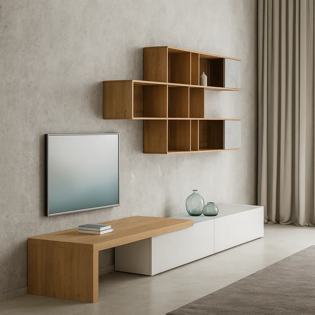 TV table - MDF wood - Beige & White - 200x35x35 cm - Cataloug