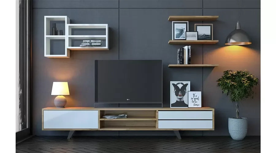 TV table - MDF wood - Beige & White - 160x35x35 cm - Cataloug