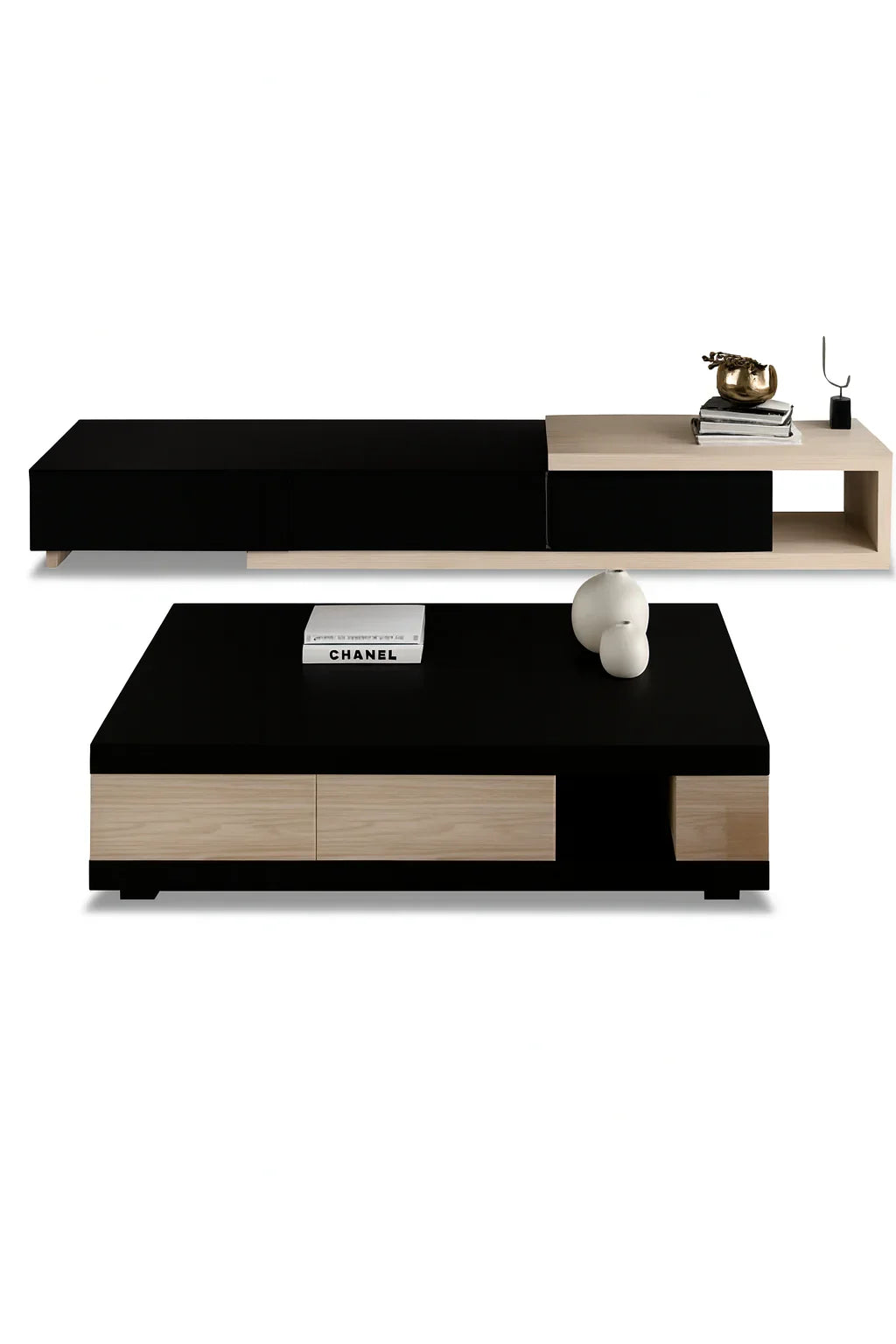 Bundle of TV Table and Coffee Table - MDF wood - Black & Beige - Cataloug