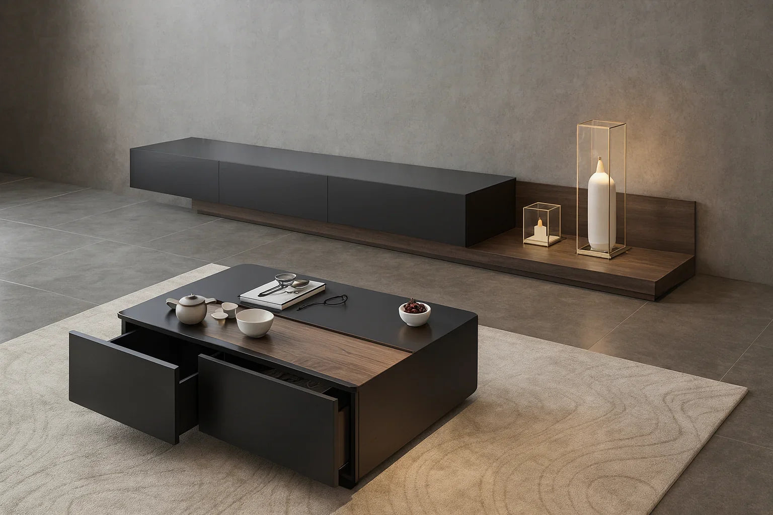 Bundle of TV Table and Coffee Table - MDF wood - Black & Brown - Cataloug