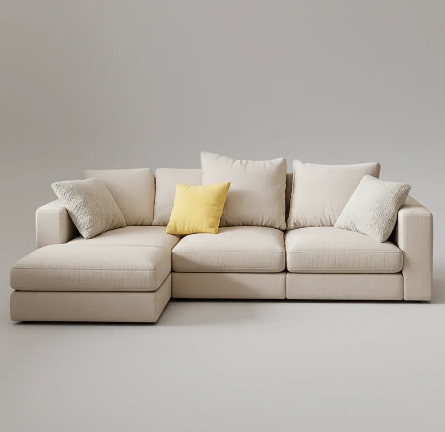 Sofa L Shape - Beech Wood - Linen Fabric - Beige - 240x180x90 cm - Cataloug