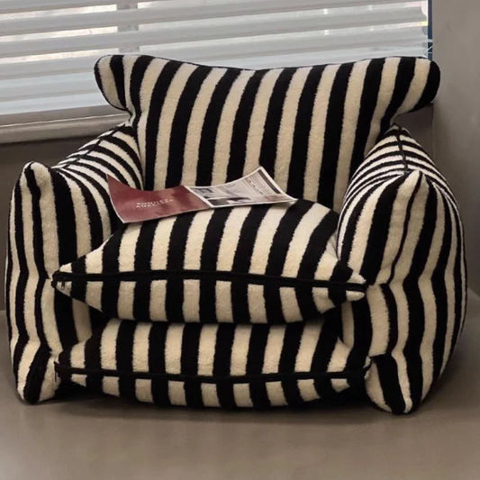 Arm Chair - Natural Wood - Linen - White & Black Striped - 110 x 95 x 70 cm