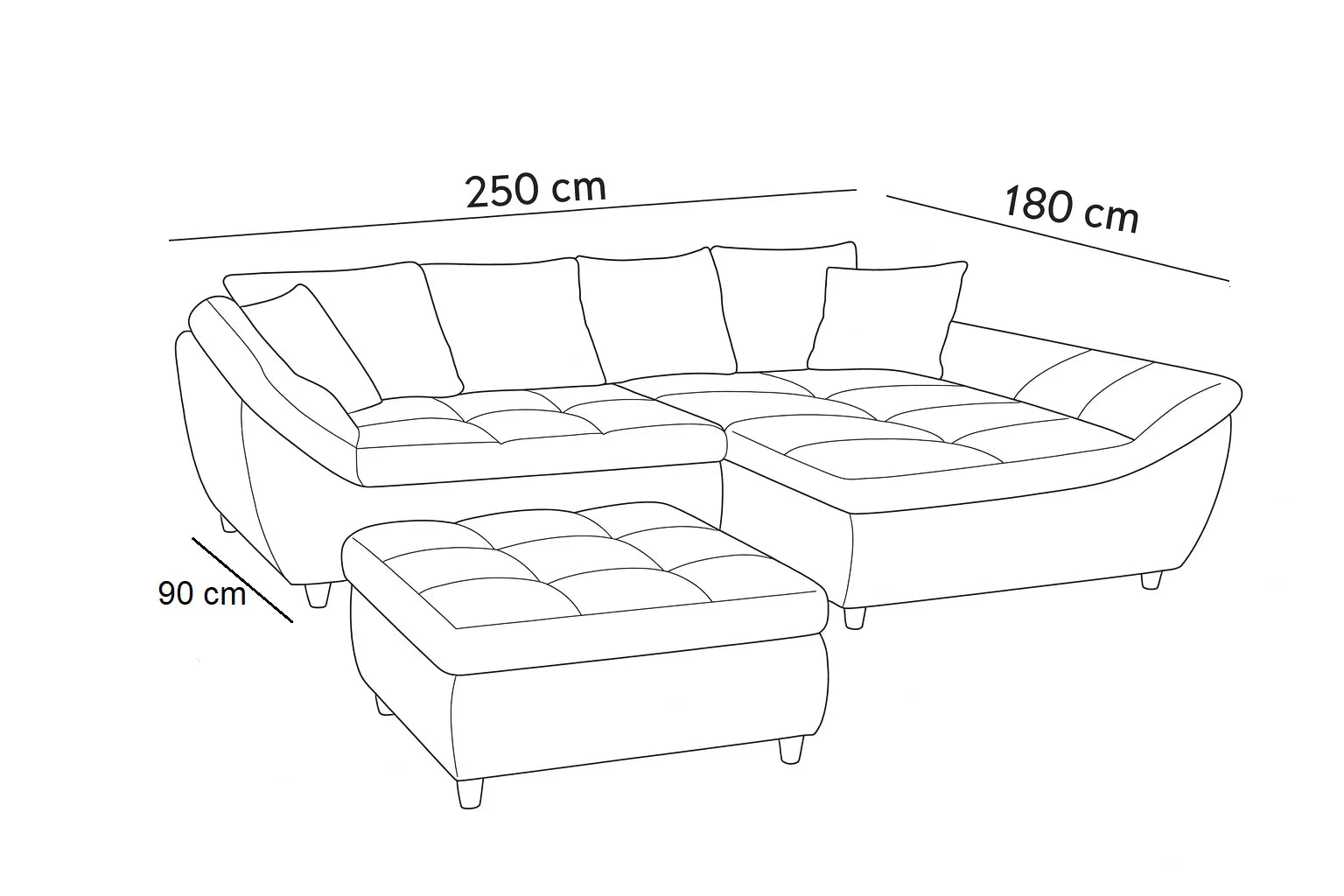 Sofa L Shape & Pouf - Beech Wood - Linen Fabric - Grey - 250x180x90 cm 90x90 cm - Cataloug