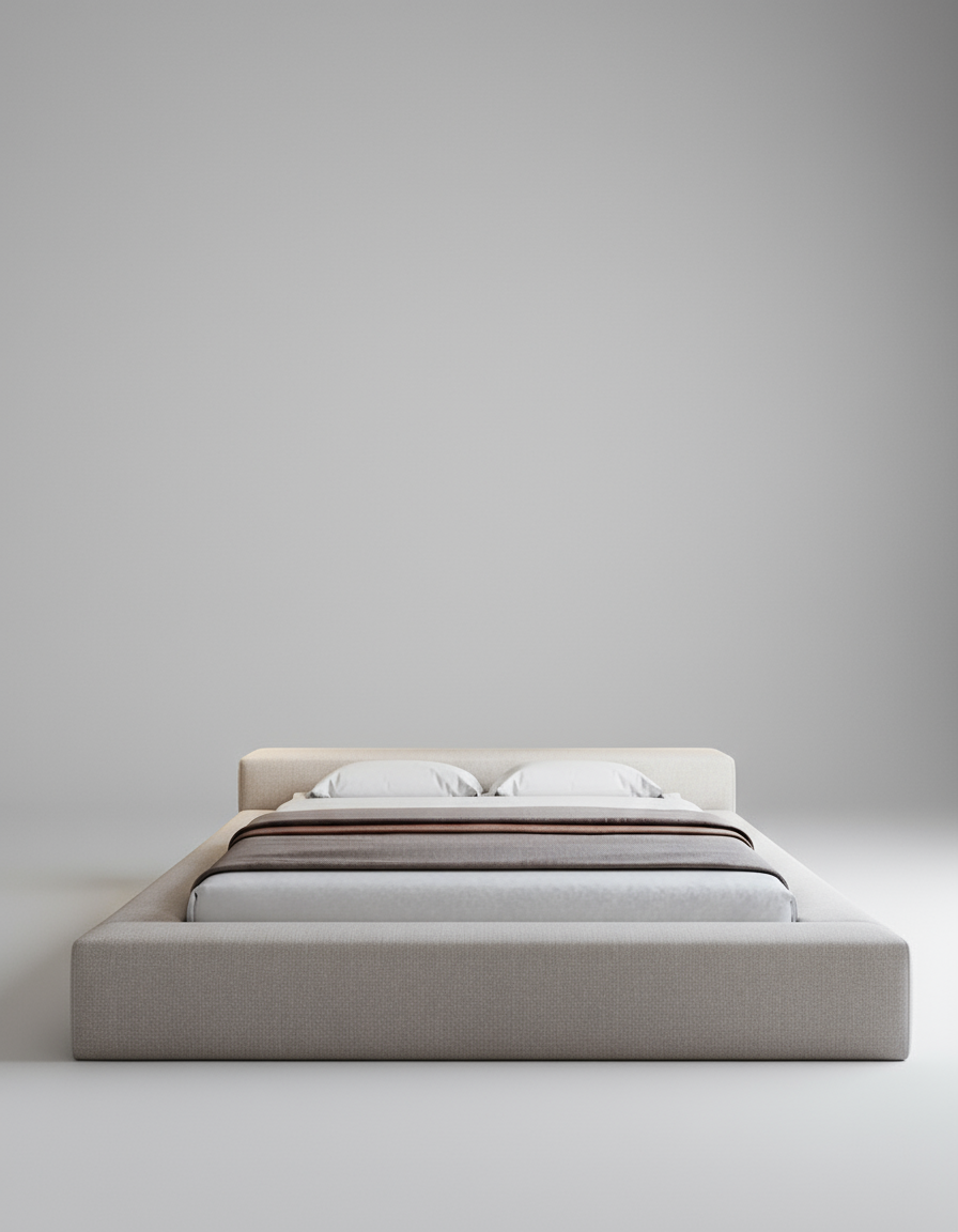 Gray bed with white bedding on a light gray background