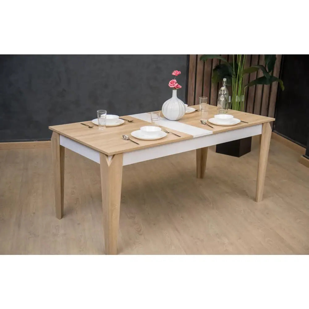 ترابيزة سفرة بدون كراسي - خشب زان وخشب أم دي أف - بيج وأبيض - 180×80×77 سم