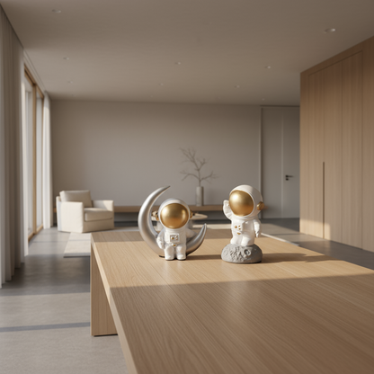 Two astronaut figurines on a reflective surface with a neutral background