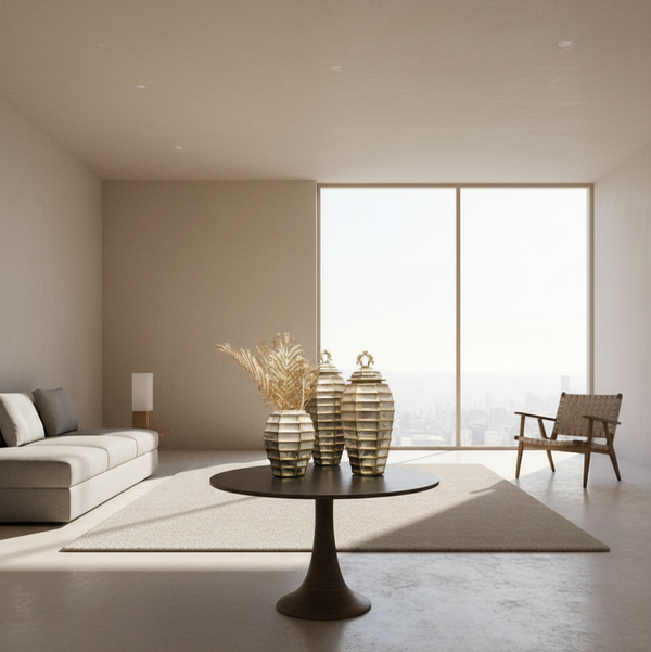 Modern living room with a coffee table and decorative vases.