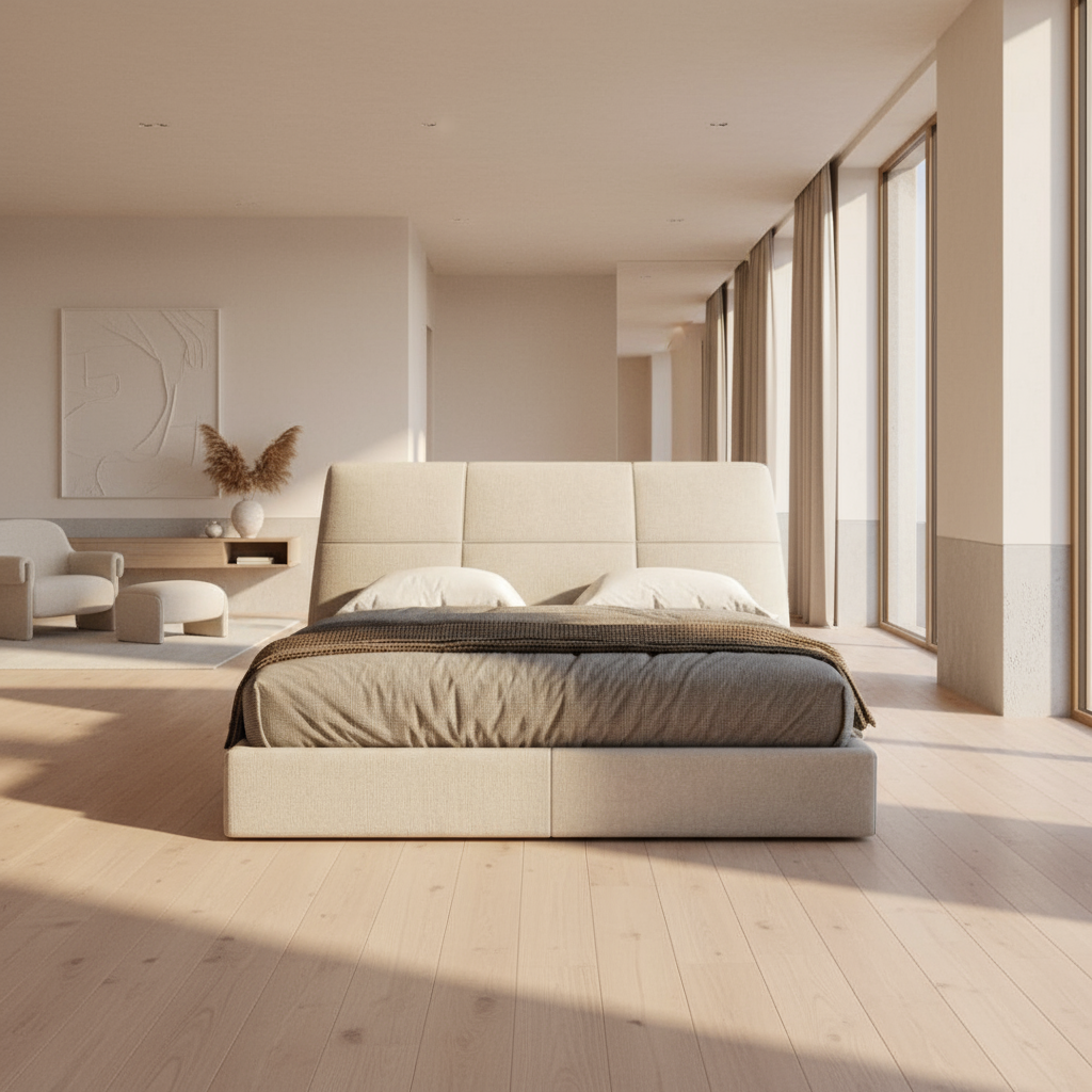 Beige upholstered bed with a brown blanket and white pillows on a white background