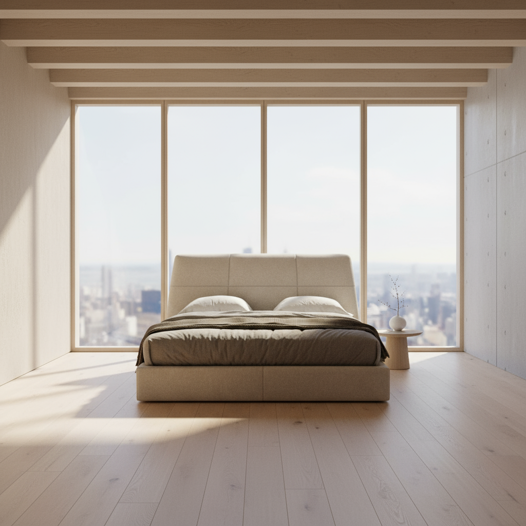Beige upholstered bed with a brown blanket and white pillows on a white background