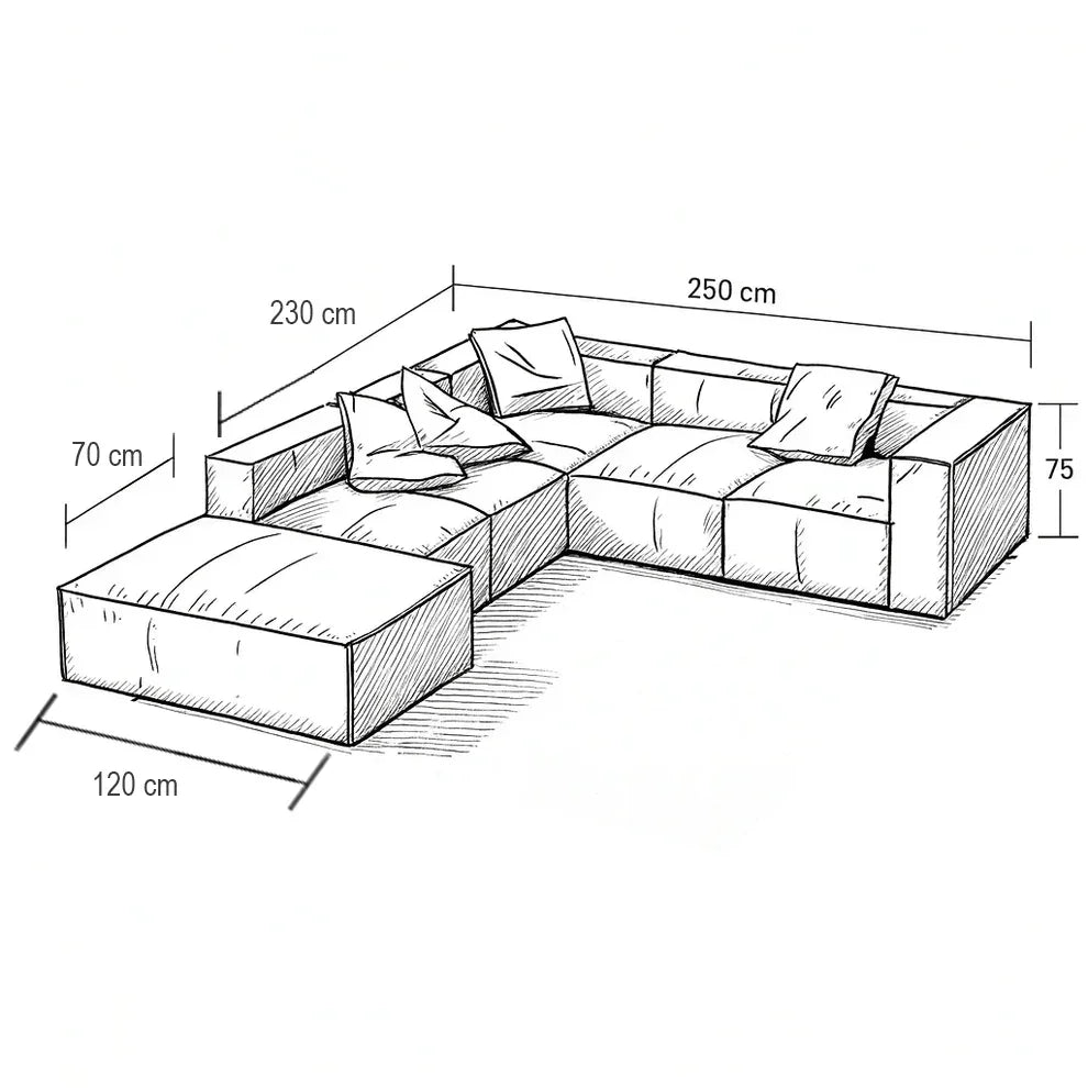 Sofa L Shape - Beech Wood - Linen Fabric - Grey - 250x230x85x75 cm - Cataloug
