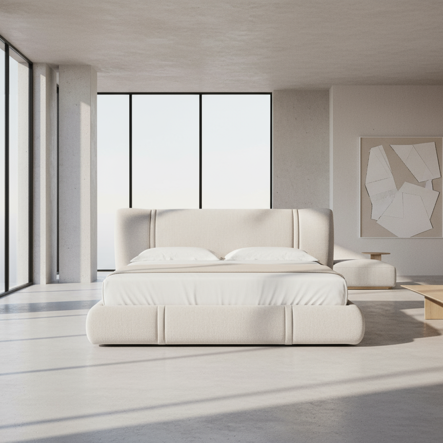 Light gray upholstered bed with white pillows on a white background