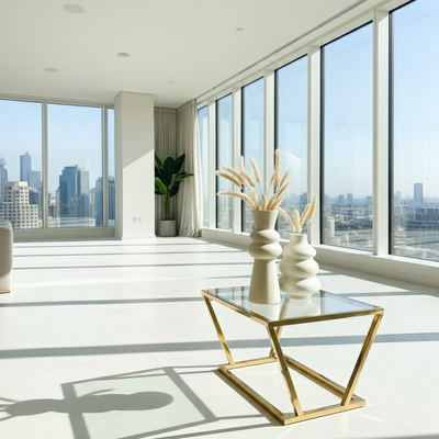 Modern living room with large windows, gold coffee table, and white decor.