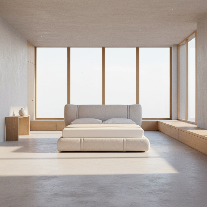 Modern bedroom with a large bed and large windows.