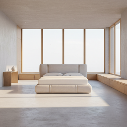 Modern bedroom with a large bed and large windows.
