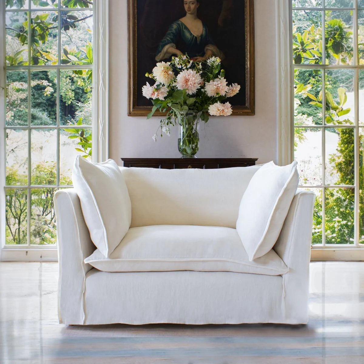 كرسي بذراعين - خشب طبيعي - كتان - متعدد الألوان - 140 × 102 × 76 سم