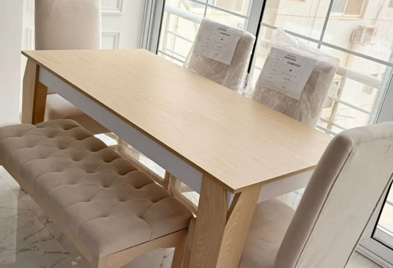 ترابيزة سفرة بدون كراسي - خشب زان وخشب أم دي أف - بيج وأبيض - 180×80×77 سم