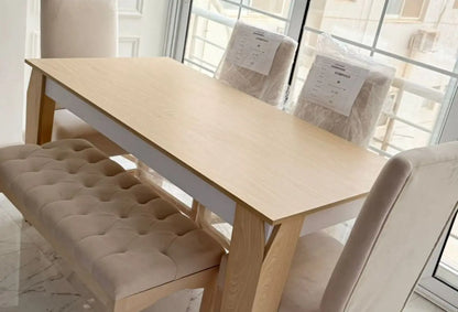 ترابيزة سفرة بدون كراسي - خشب زان وخشب أم دي أف - بيج وأبيض - 180×80×77 سم