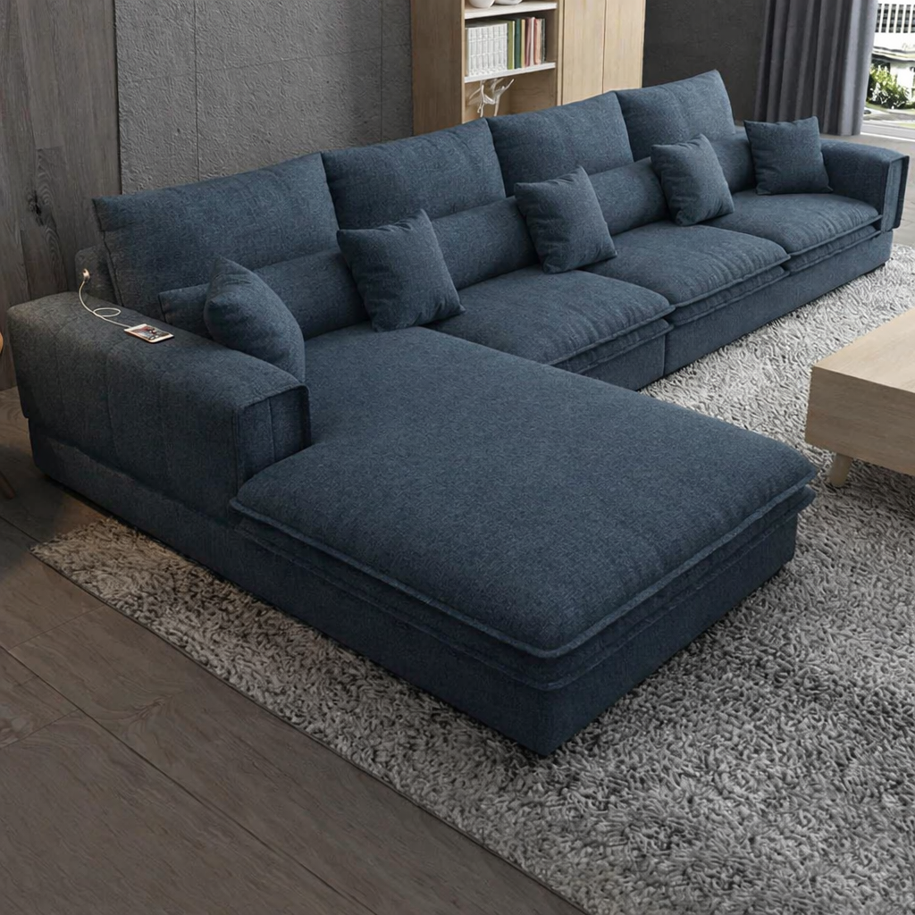 Sofa L Shape - Natural Wood - Linen Fabric - Blue - 320x200 cm