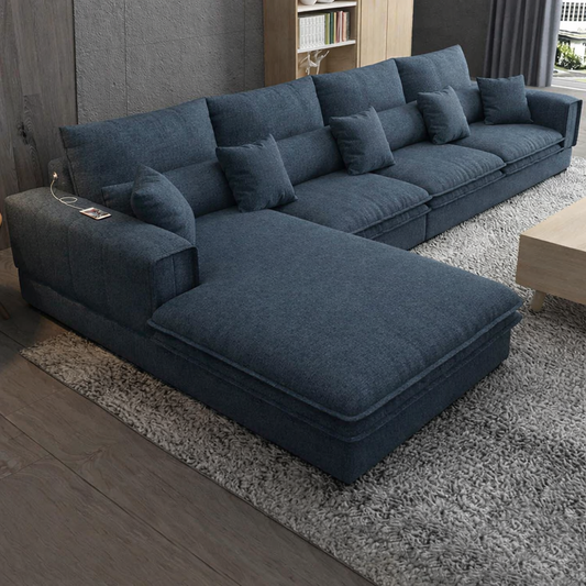Sofa L Shape - Natural Wood - Linen Fabric - Blue - 320x200 cm