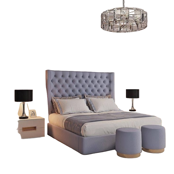 Modern bedroom with a tufted headboard, matching bed, and side tables.