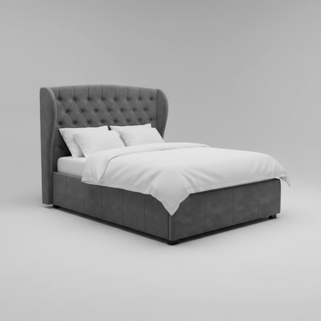 Gray upholstered bed with tufted headboard in a bedroom setting.