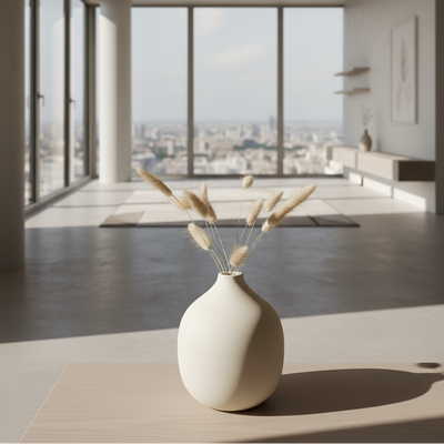 White vase with dried plants on a table in a modern room with large windows.