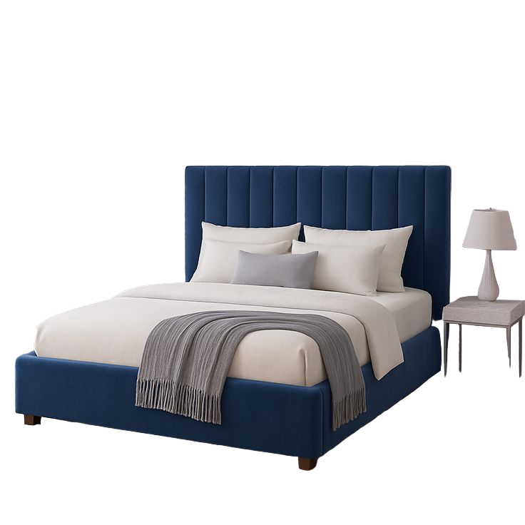 Blue upholstered bed with white bedding in a stylish bedroom.
