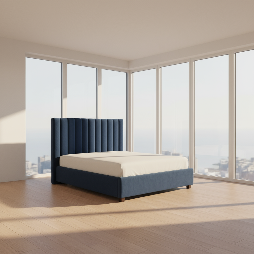 Blue upholstered bed with white bedding in a stylish bedroom.