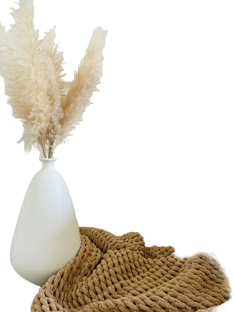 White vase with dried pampas grass on a textured surface with a neutral background