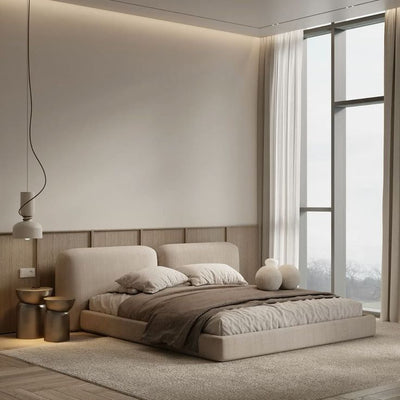 Modern bedroom with a large window, neutral color scheme, and minimal decor.