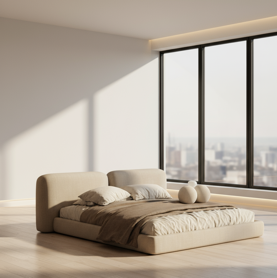 Modern bedroom with a large window, neutral color scheme, and minimal decor.