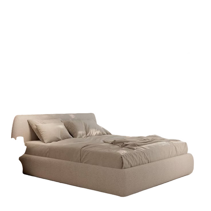 Modern bedroom with a large bed, decorative pillows, and a patterned wall.