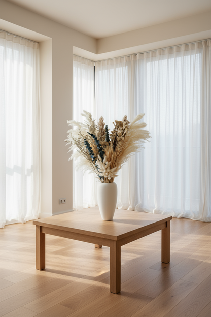 Bouquet of dried flowers in a white vase on a light gray background