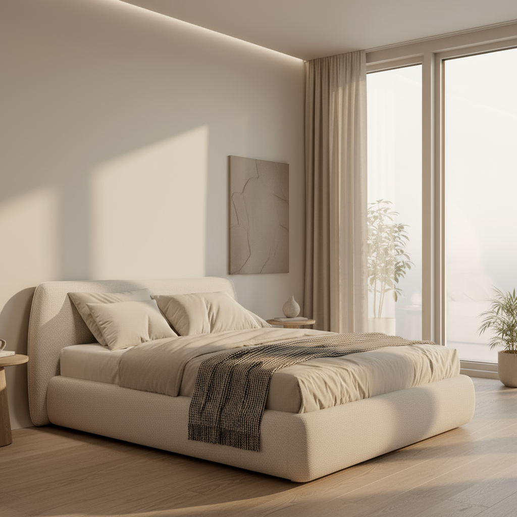 Modern bedroom with a large bed, decorative pillows, and a patterned wall.