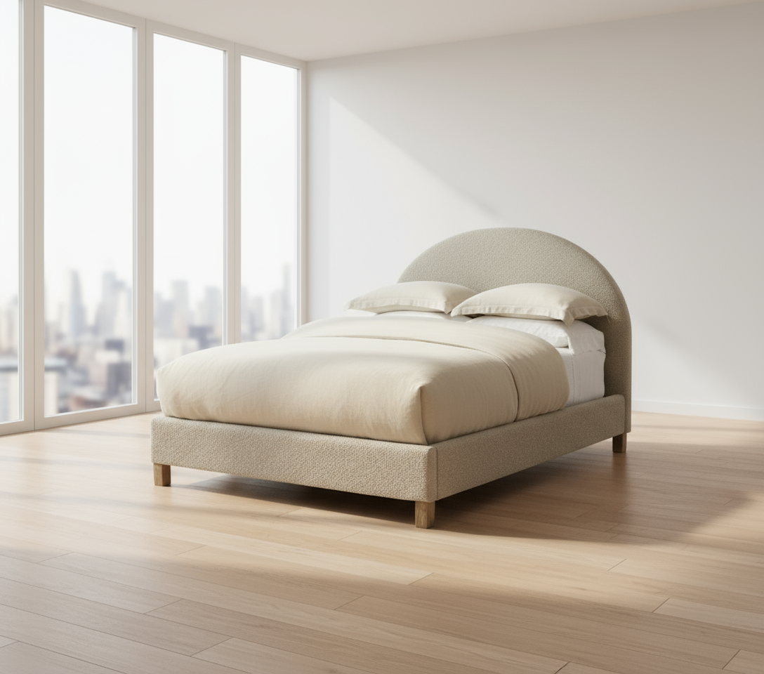 Beige upholstered bed in a bedroom setting with nightstands and artwork.