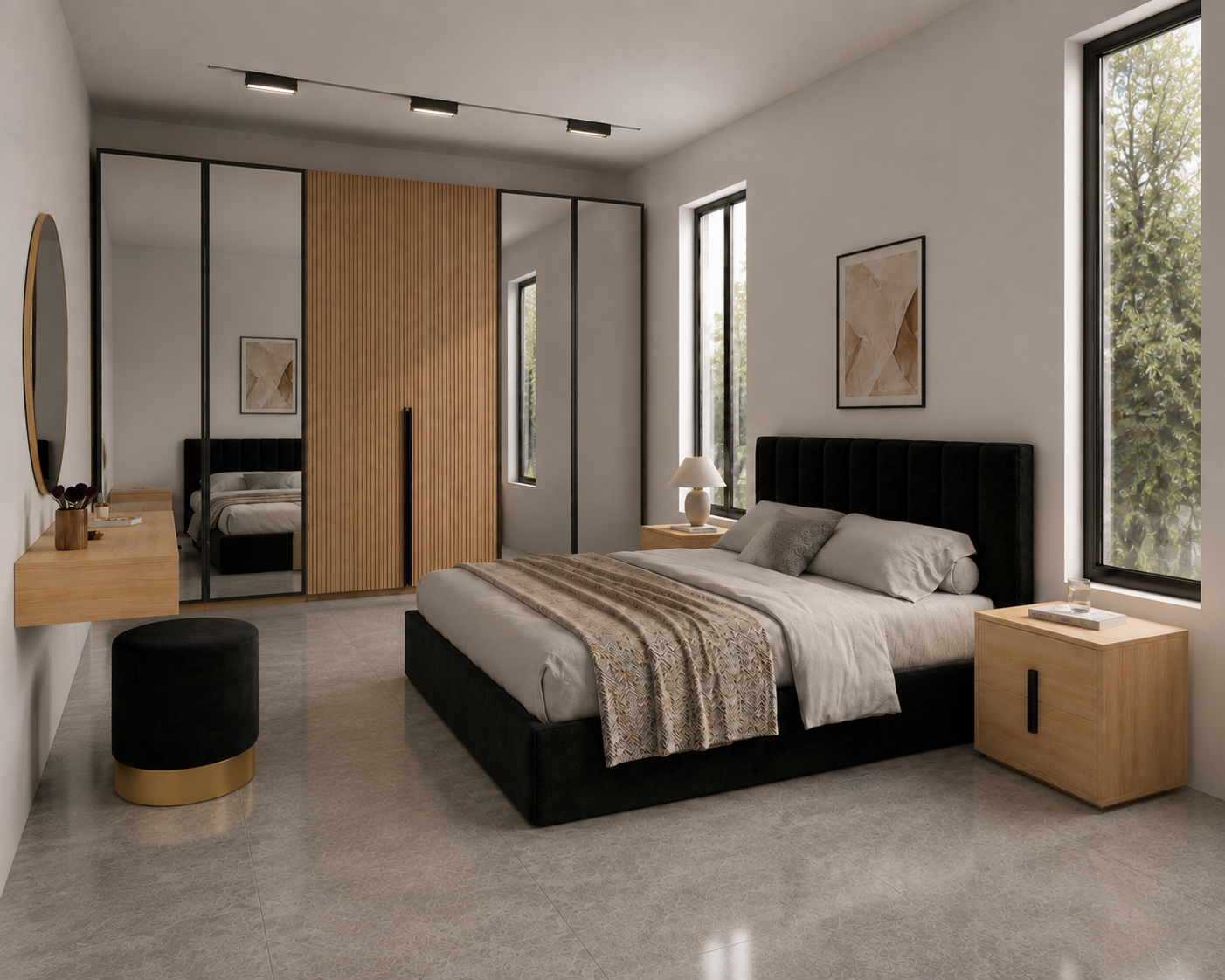 Full Bedroom  - MDF Wood - Beige - Reflective Glass