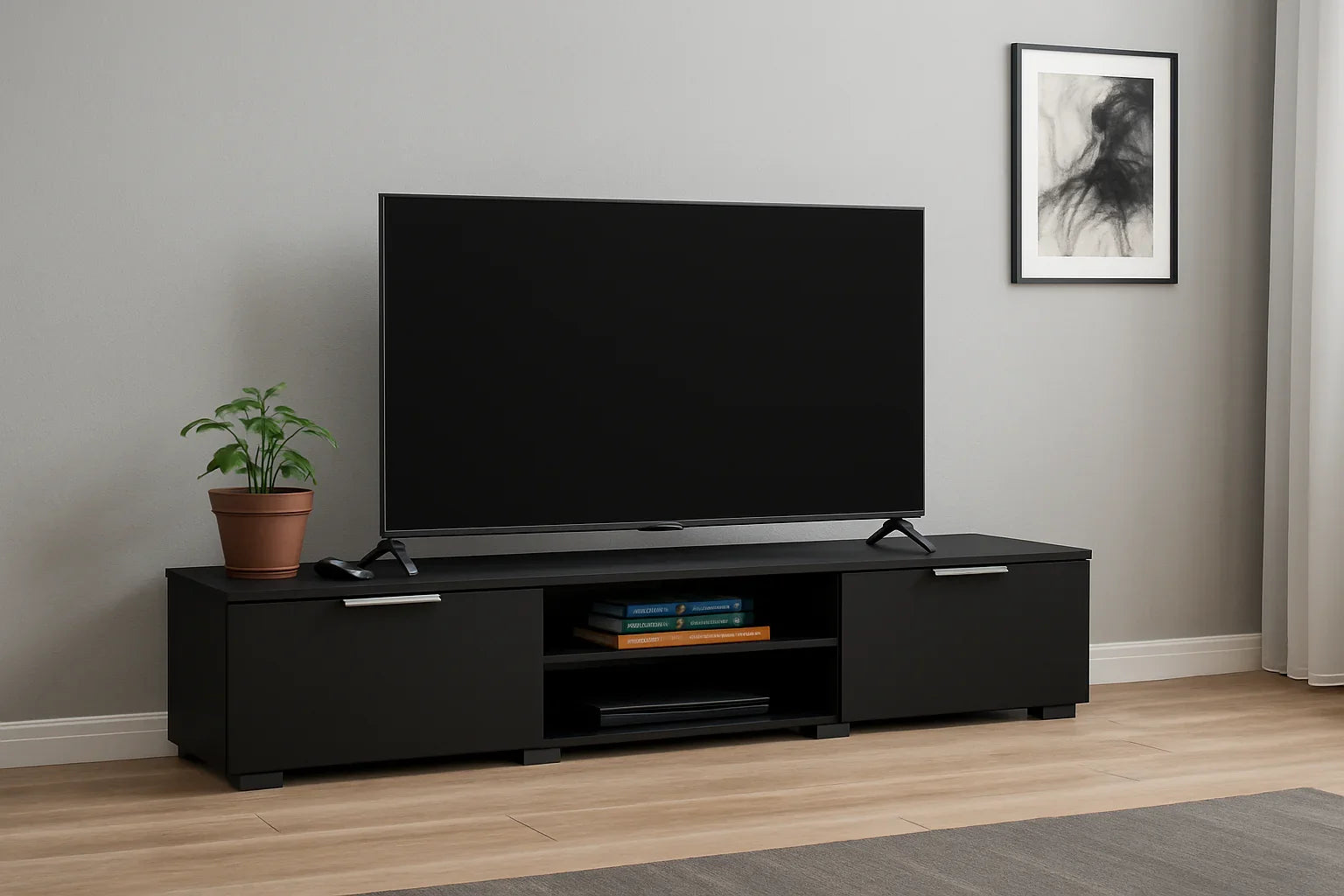 TV Unit - MDF Wood - Black - 160x30x40 cm - Cataloug